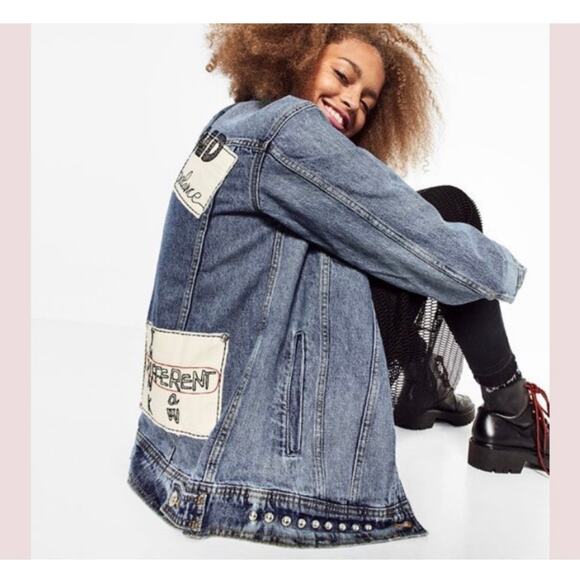 Zara Jackets & Blazers - Zara Rare Denim Jean Jacket Size Small Oversized  Studded Trucker Positive Patch